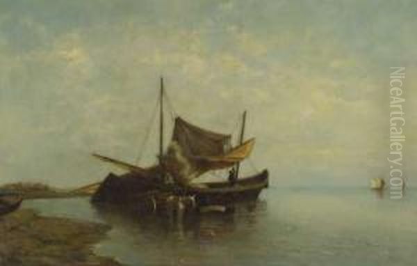 Strand Mit Fischerboot Und Pferdefuhrwerk Oil Painting by Carl Freiherr Von Malchus