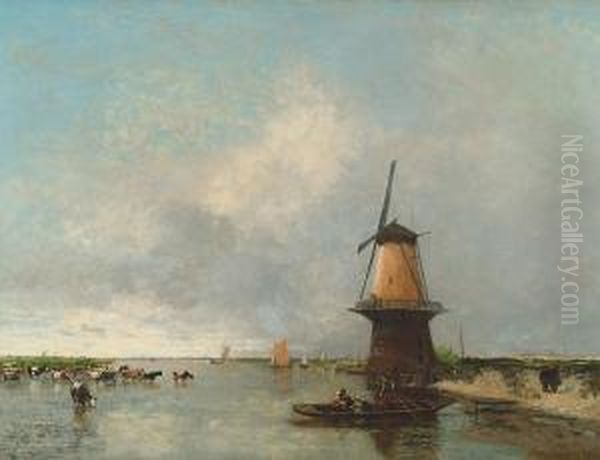 Dutch Canal Landscape With Windmill And Cattle Oil Painting by Carl Freiherr Von Malchus