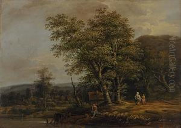 Waldlandschaft Mit Rastendem Bauern, Im Hintergrund Ein Dorf Oil Painting by Jakob Von Manskirsch