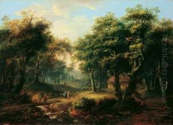 Bewaldete Landschaft Mit Einer Hutte Zwischen Baumen Und Figurenstaffage. Oil Painting by Jakob Von Manskirsch