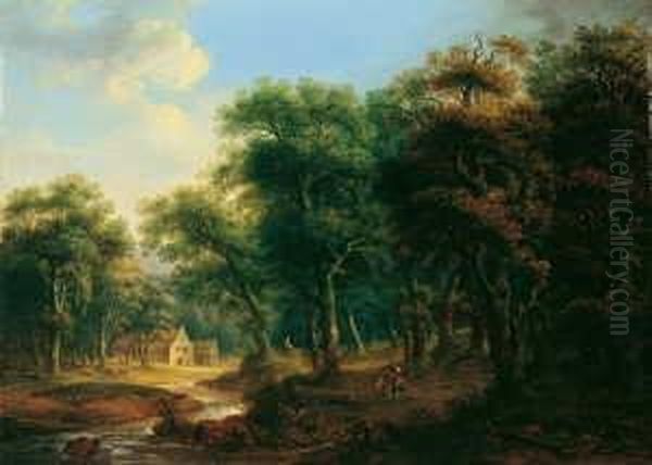 Waldlandschaft Mit Bachlauf Und Wanderern. Oil Painting by Jakob Von Manskirsch