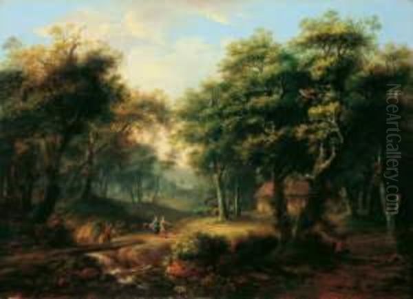 Bewaldete Landschaft Mit Einer Hutte Zwischen Baumen Oil Painting by Jakob Von Manskirsch