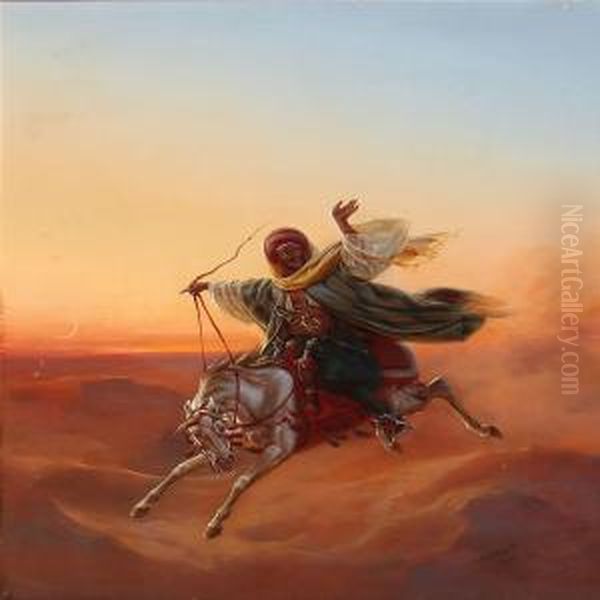 Bedouin On Horseback In The Evening Sun Oil Painting by Heinrich Von Mayr