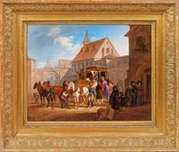 Postkutschenhalt Ineiner Alten Bayerischen Stadt Zurbiedermeier-zeit Oil Painting by Heinrich Von Mayr