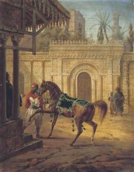 An Arabian Mare And A Groom In A Courtyard Oil Painting by Heinrich Von Mayr