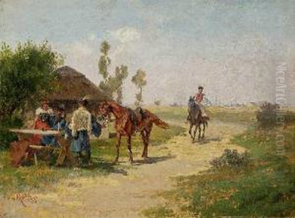 Ungarische Reiter Ineiner Schenke In Der Puszta Oil Painting by August Von Meissl