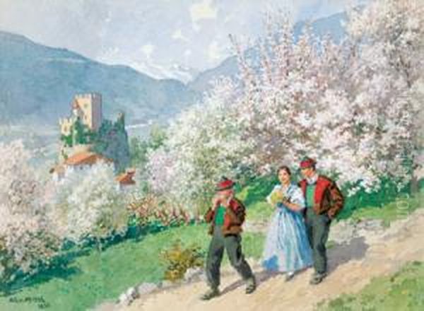 Fruhling An Der Donau Oil Painting by August Von Meissl