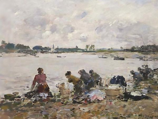 Laveuses au bord de La Touques Oil Painting by Eugene Boudin