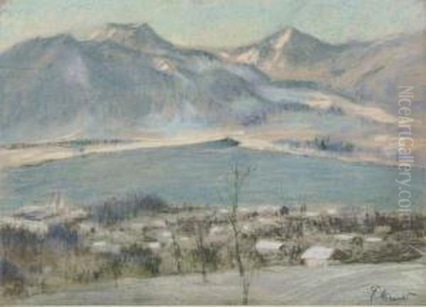 Blick Auf Den Tegernsee Im Winter. Oil Painting by Ferdinand Von Mirwald