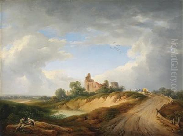 Wide Landscape With A Herd Of Cattle By A Ruin Oil Painting by Martin von Molitor