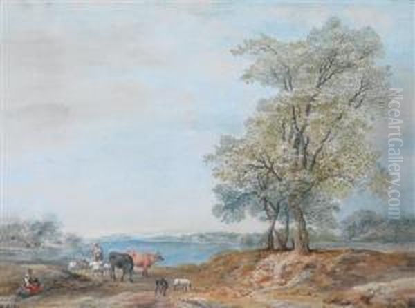 Weidelandschaft Mit Hirten Undbaumgruppe Oil Painting by Martin von Molitor