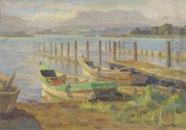 Boote Am Seeufer Oil Painting by Therese Von Mor-Sunegg