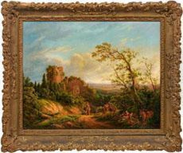 Romantische Landschaftmit Rastender Bauernfamilie Vor Einer Burgruine Oil Painting by Karl Friedrich J. Von Muller