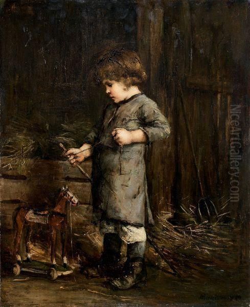 Petit Garcon Et Son Cheval De Bois Oil Painting by Mihaly Munkacsy