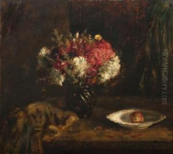 Still Life With Red And White Flowers Oil Painting by Mihaly Munkacsy