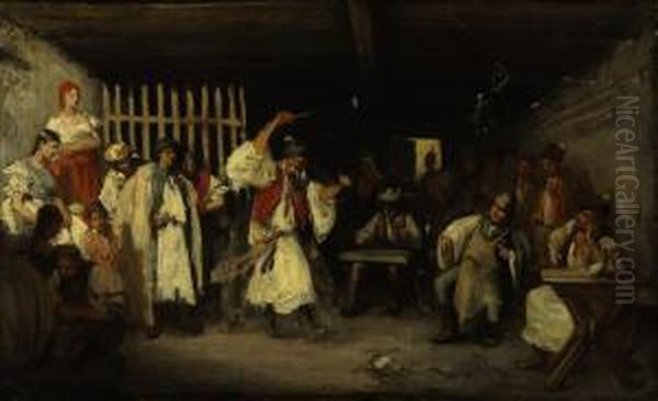 Performance In A Tavern Oil Painting by Mihaly Munkacsy