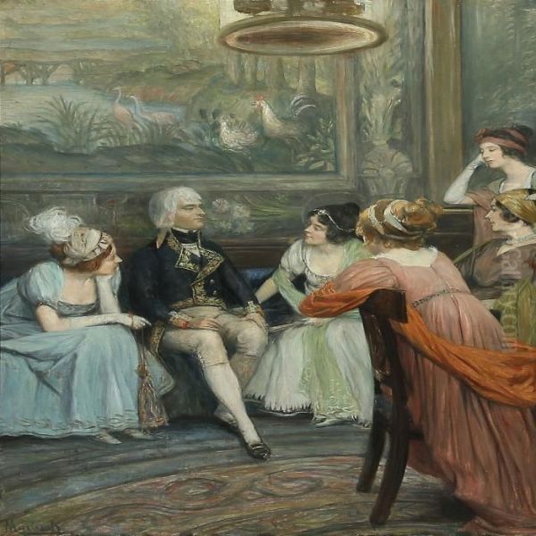 Gentleman Surrounded By Beautiful Women Oil Painting by Felician Von Myrbach-Reinfeld