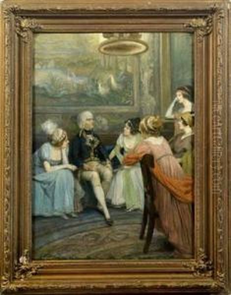 Unterhaltung In Einem Salon Zur Zeit Napoleon Bonapartes Oil Painting by Felician Von Myrbach-Reinfeld