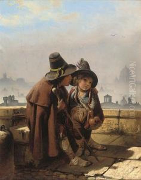 Two Street Urchins On A Rooftop With A Panorama Of Romebeyond Oil Painting by Timoleon Carl Nehf Von Neff