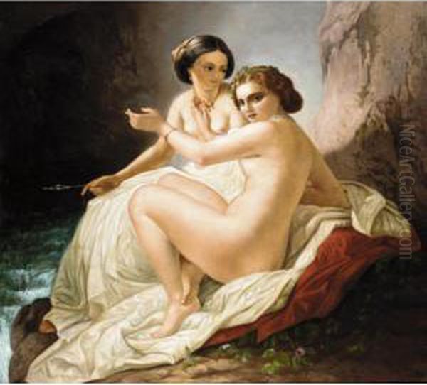 Two Young Women In A Grotto Oil Painting by Timoleon Carl Nehf Von Neff