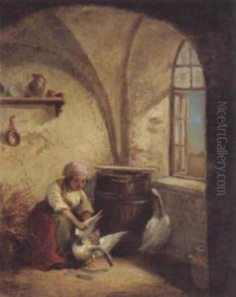 Tending To The Swan Oil Painting by Timoleon Carl Nehf Von Neff