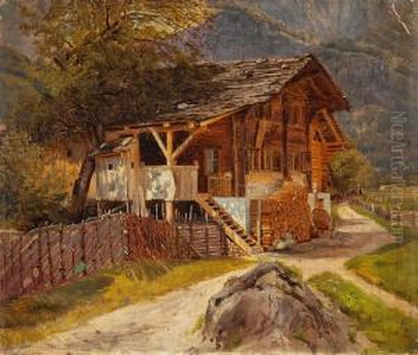 Schweizer Bauernhaus In Sonnigem Tal Oil Painting by Rudolf Von Normann