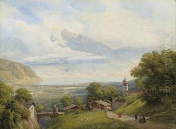 Cottages In A Mountainous Lakeland Scene Oil Painting by Rudolf Von Normann