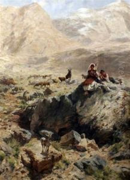 Shepherds Resting In The Mountains Oil Painting by Rudolf Otto Von Ottenfeld