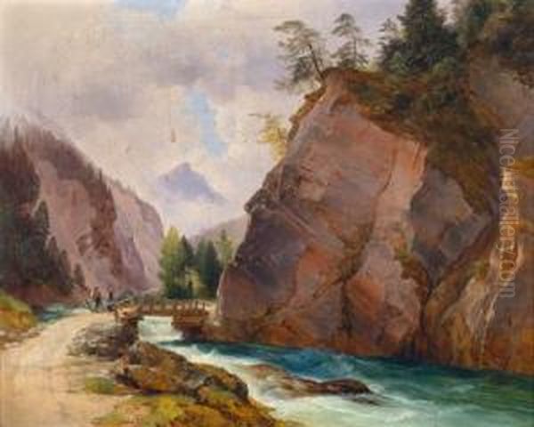 Begegnung In Dergebirgsklamm Oil Painting by Moritz Von Ottenfels