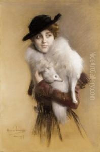 Lady In A Hat With Fur Collar Oil Painting by Clemens von Pausinger