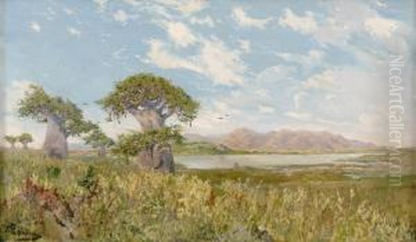 Afrikanische Seenlandschaft Mit Blick Auf Eine Bergkette. Oil Painting by Heinrich Carl F. Von Pechmann