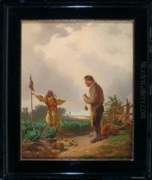 Gelungene Arbeit - Ein Bauer Stopft Sich Seine Pfeife Wahrend Er Die Gerade Fertiggestellte Vogelscheuche Auf Dem Kohlfeld Betrachtet Oil Painting by Heinrich Carl F. Von Pechmann