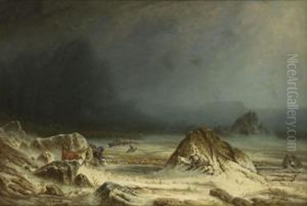 Winterlanschaft Mit Fluchtenden Pferden Bei Aufziehendem Unwetter Oil Painting by Carl Von Perbandt