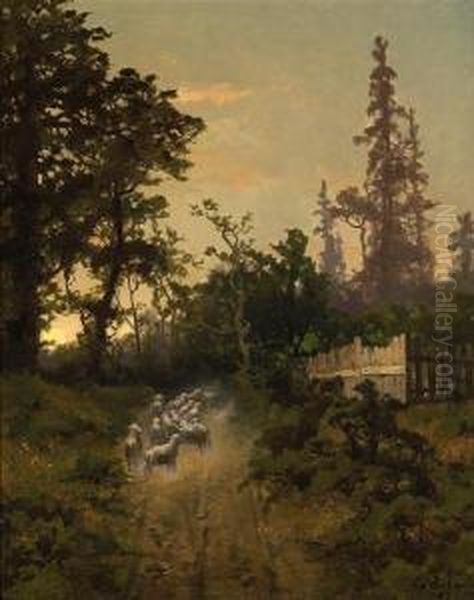 A Herd Of Sheep On A Country Path Oil Painting by Carl Von Perbandt