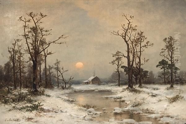 Snow Scene With A Winter Cabin Oil Painting by Carl Von Perbandt