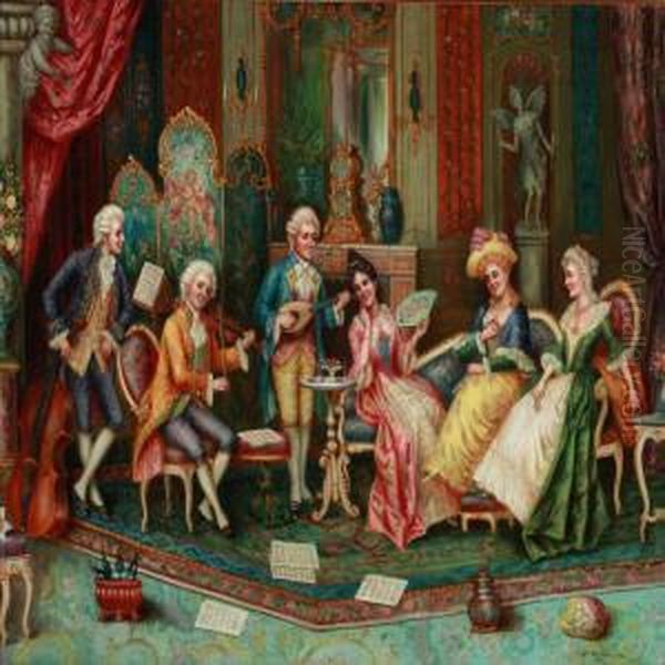 Rococo Interior With Elegant People Playing Music Oil Painting by Franz Von Persoglia