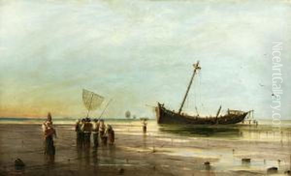 Fischer Mit Ihren Netzen Im Watt Vor Einem Schiffswrack Bei Husum Oil Painting by Hans Ritter Von Petersen