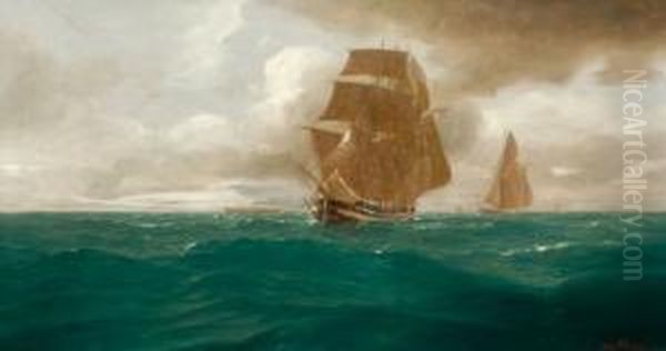 Two Sailing Boats At Sea Oil Painting by Hans Ritter Von Petersen