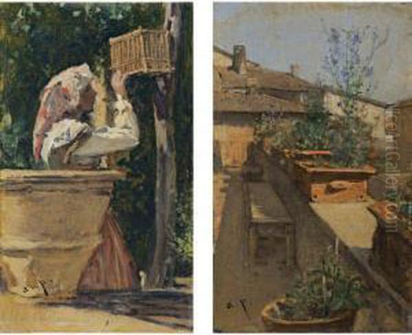 Ein Madchen Beim Vogelkafig (the Birdcage); Ein Dachgarten (a Roofgarden): A Pair Oil Painting by August Xaver Karl von Pettenkofen