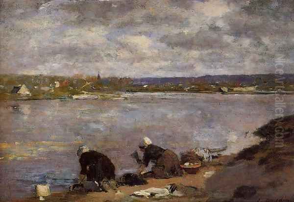 Laundresses on the Banks of the Touques2 1880-1885 Oil Painting by Eugene Boudin