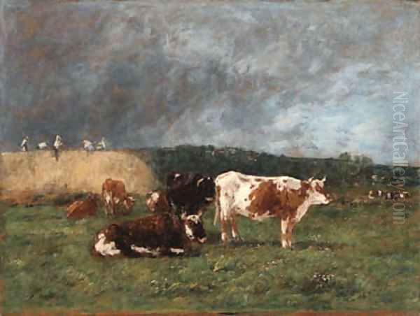 Les Meules, vaches au pturage (Haystacks, Cows in the Pasture) Oil Painting by Eugene Boudin