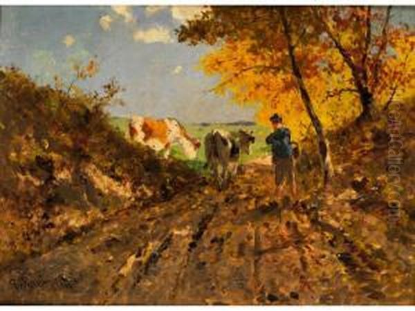 Herbstlandschaft Mit Kuhen Oil Painting by Richard Von Poschinger