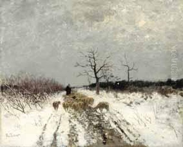 'schafer Mit Seiner Herde Im Winter'. Oil Painting by Richard Von Poschinger