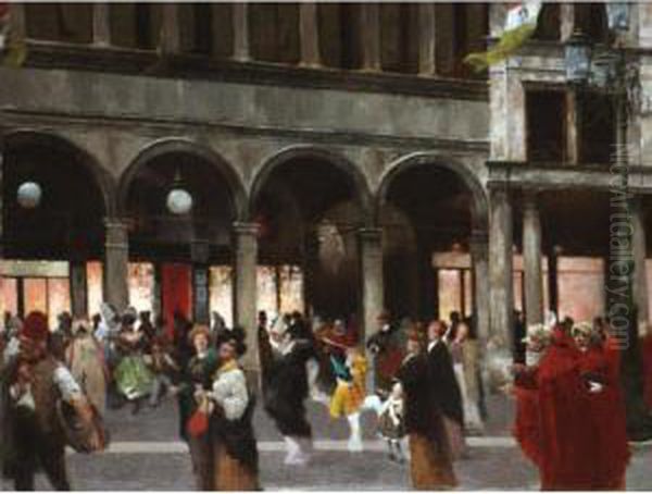 The Carnival Before Cafe Florian, Venice Oil Painting by Friedrich von Puteani