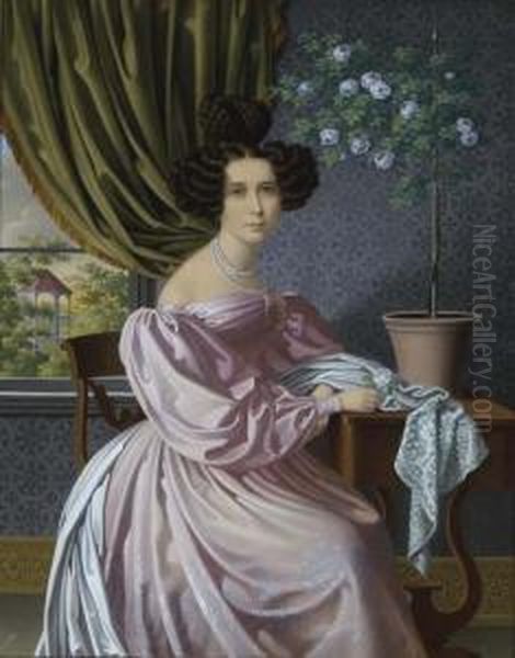 Portrait Of A Lady In A Pink Dress, Seated By A Window Oil Painting by Karl Friedrich Von Rahden