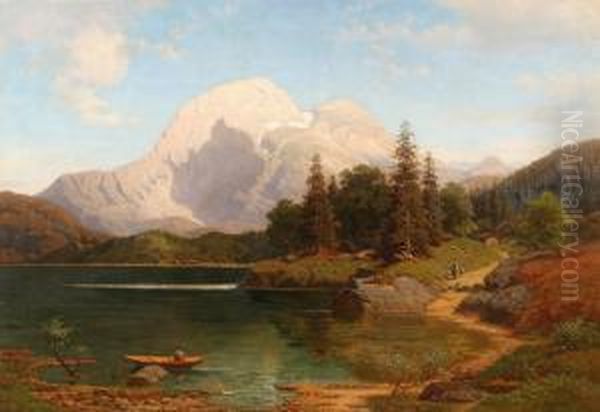 Fisherman And Family By The Alps Oil Painting by Ernst Von Raven