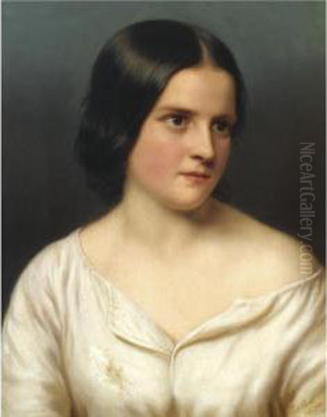 Portrait Of A Fair Faced Young Lady, Depicted Half Length Oil Painting by Hermine Von Reck