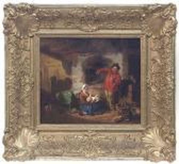 Peasantfamily In A Rustic Interior Oil Painting by August Von Pelzeln