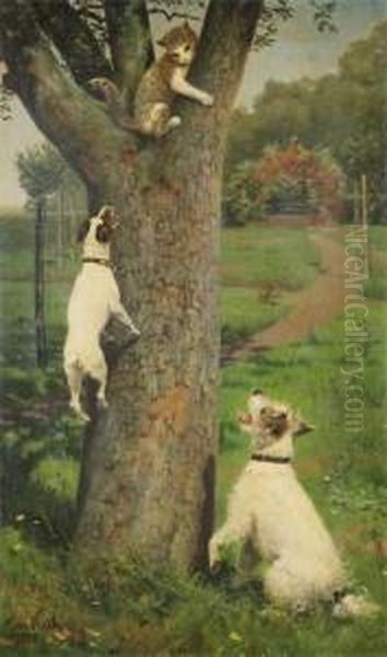 Cat In A Tree Cornered By Dogs Oil Painting by Caspar Von Reth