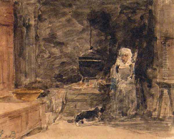 An Elderly Lady In A Kitchen Oil Painting by Eugene Boudin